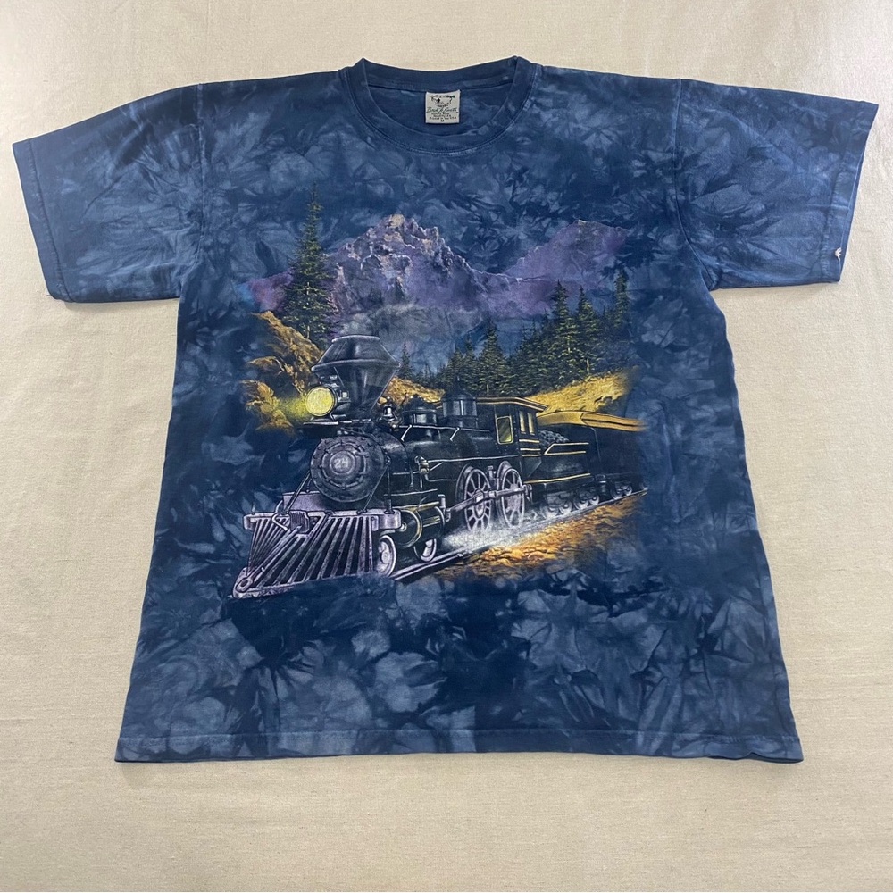 VTG 90s BACK TO EARTH Nevada Blue Hand Tie Dye Train Vacation T-shirt M USA